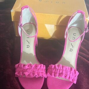 Unisa Bright Pink Ruffle Ankle-Strap Heels